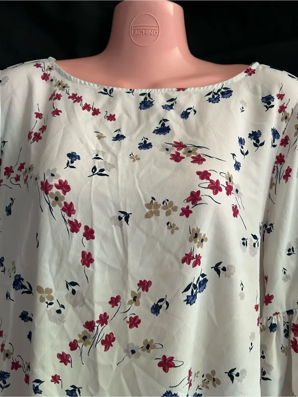 Ann Taylor White Floral Bell-Sleeve Blouse Red, Navy & Tan Print LG - Image 5