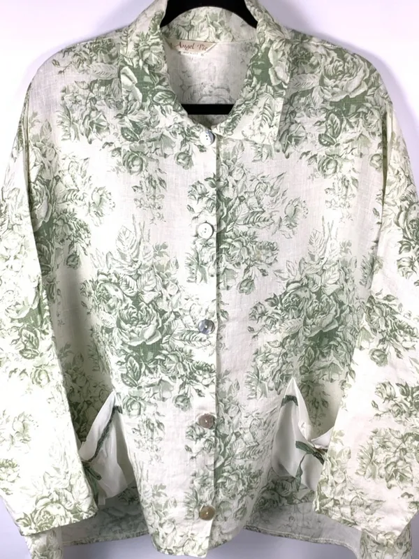 Angel Pie Linen Shirt S/M Green Floral Lagenlook Oversized Boho USA Made - Image 3