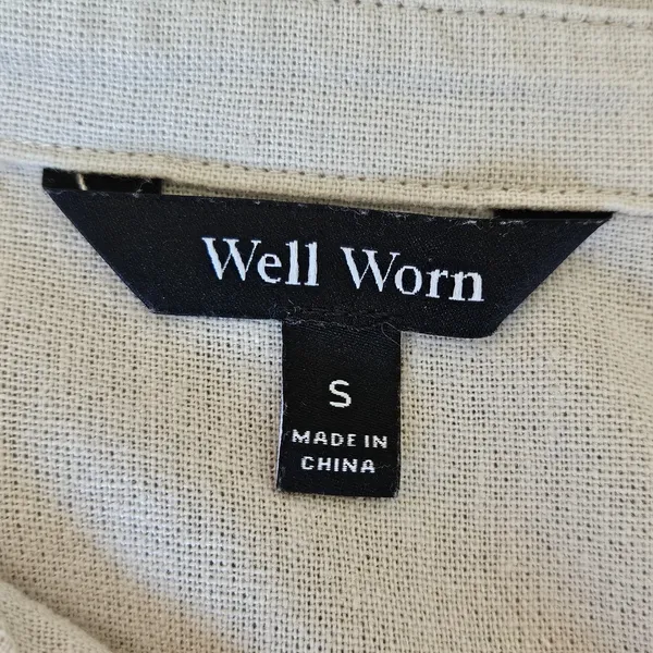 Well Worn Linen Blend Button Down Shirt Dress Short Sleeve Beige Pockets Small - Image 2