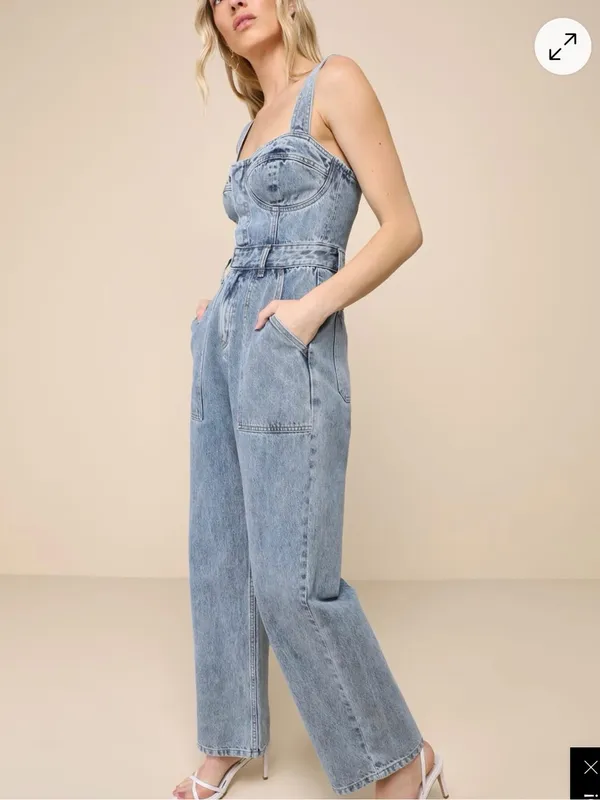 Lulus Denim Jumpsuit Sz Medium NWT Light Wash Date Night Out Brunch Bustier Fall - Image 12