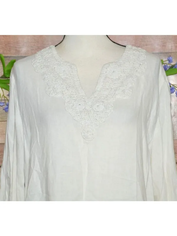 Calligraphie Linen Blend Blouse Women L Off White Crochet Embellished V Neck - Image 2