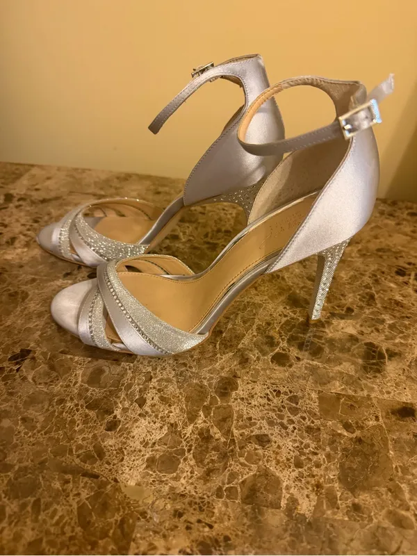 Jewel Badgley Mischka Silver Crisscross front Ankle-Strap Rhinestone Heels - Image 3