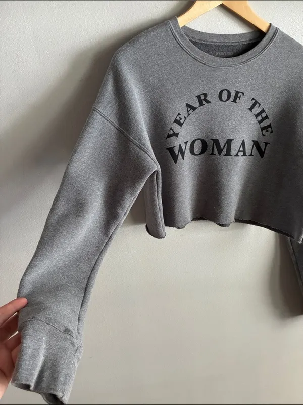 My Sister Year of the Woman Cropped Sweatshirt Gray Oversized Graphic Pullover - Image 3