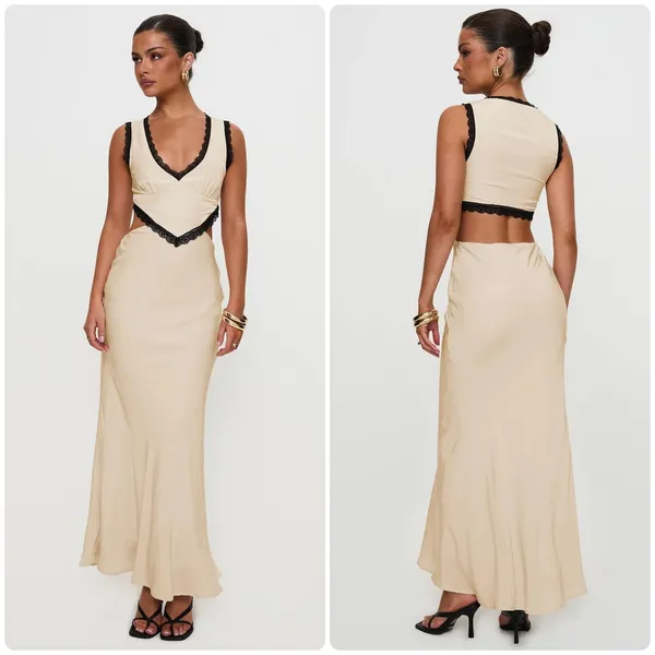 Princess Polly Womens Keila Lace Trim Cutout Romantic Maxi Dress Cream Size 4 - Image 2