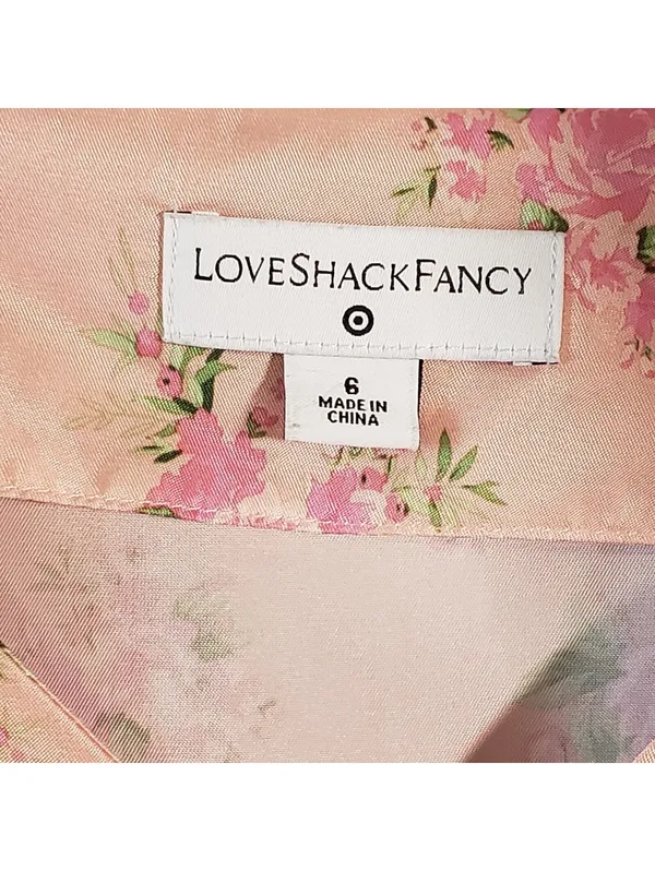 LoveShackFancy Pink Floral V-Neck Puff Sleeve Belted Satin Mini Dress 6 - Image 4
