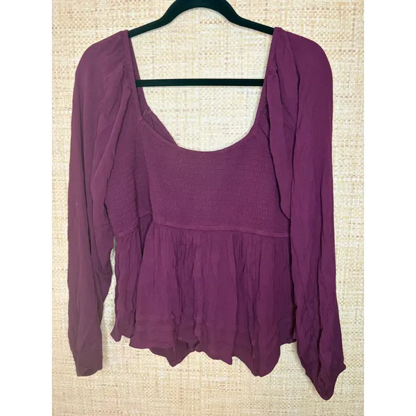 Hollister Burgundy Crochet Lace Smocked Back Babydoll Top XL Long Sleeve Plum - Image 4