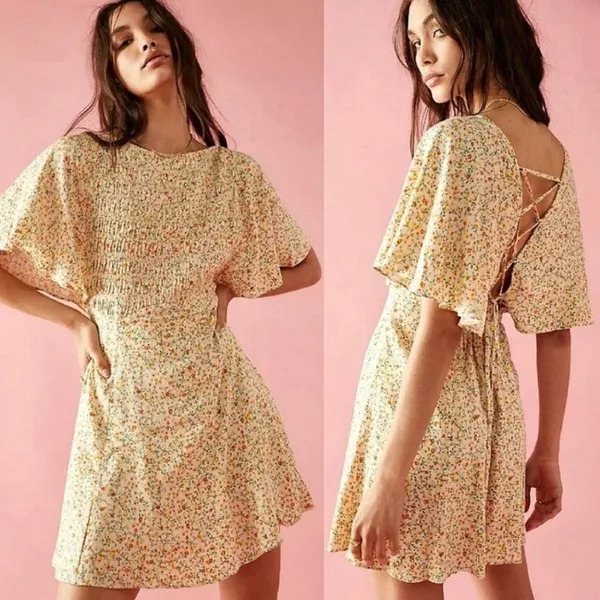 Free People Cream&Orange Floral Print Florence Smocked Mini Dress Sz.L - Image 5