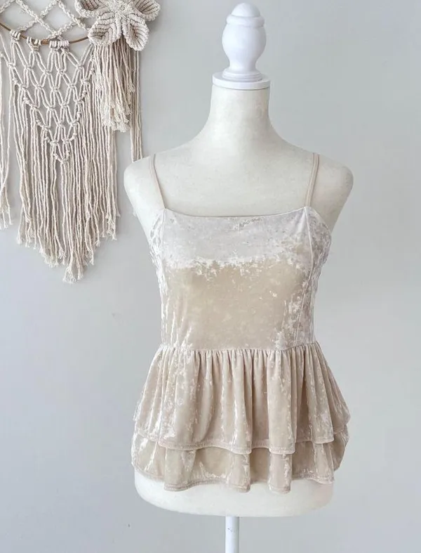 American Eagle Crushed Velvet Tank Top Cream Women's Medium Layered Dainty Flowy - Image 4