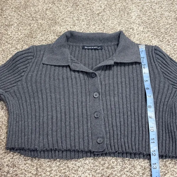 Brandy Melville Gray‎ Ribbed Crop Button Cardigan Sweater Raw Hem XS/S Stretch - Image 8
