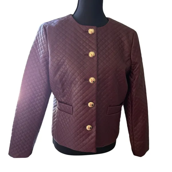 Talbots Petite Quilted Faux Leather Jacket 8P Burgundy Gold Crest Buttons - Image 2