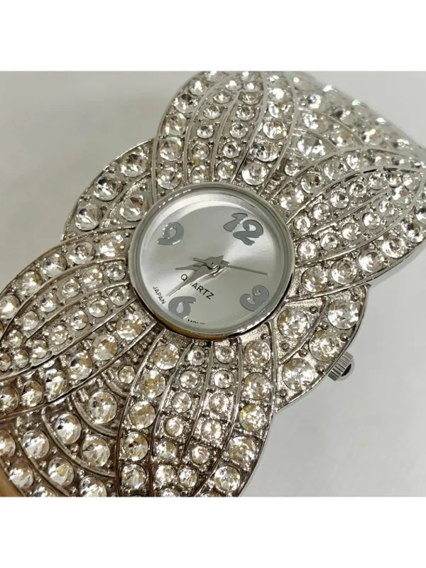 Silver tone women’s cuff bracelet watch 35mm quartz analog rhinestones 7.5” runs - Image 2