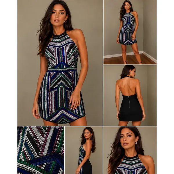 NBD x Naven Twins Womens Small Sequin Beaded Halter‎ Open Back Mini Dress Black - Image 13