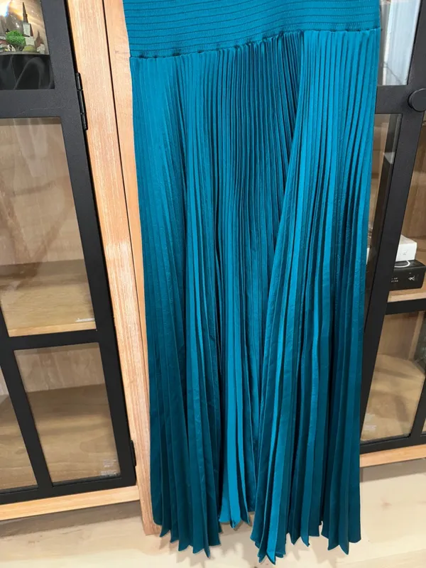 ALC Frank Renzo maxi dress Sleeveless Smocked Pleated teal satin high neck wedding - Image 6