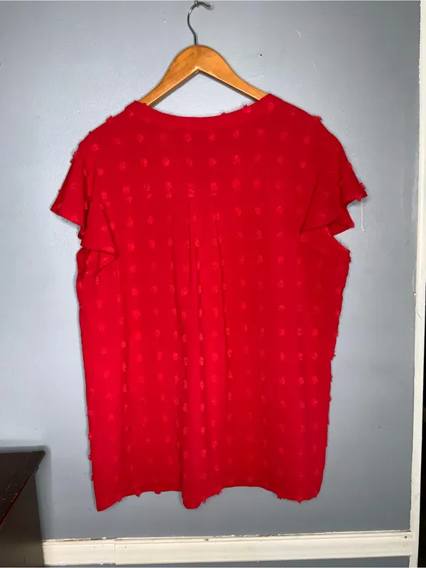 Merokeety Split-Neck Textured Short-Sleeve Blouse in Red XL - Image 5