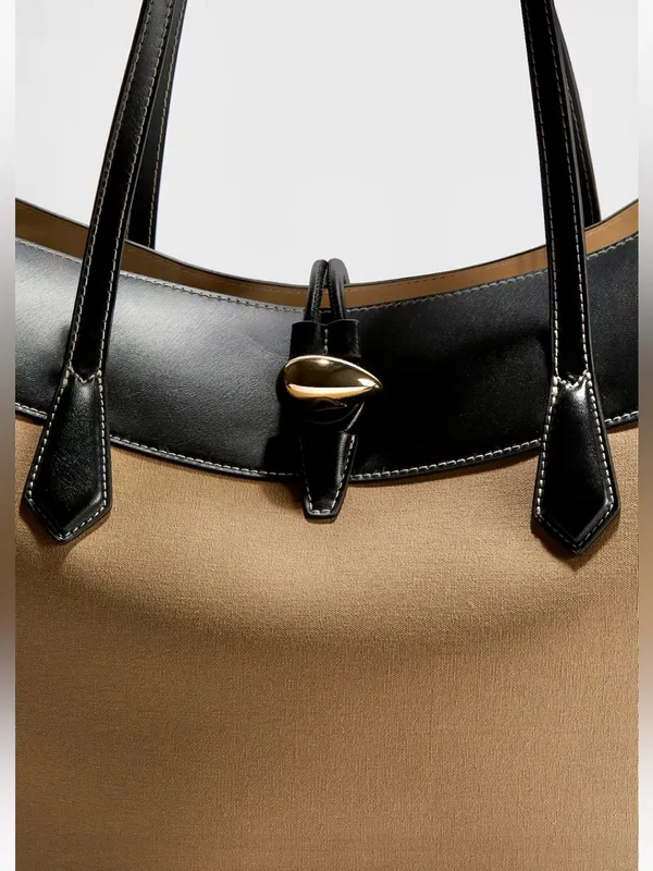 H&M NWT Large oversized Beige Black Structured canvas Tote Bag gold button - Image 4