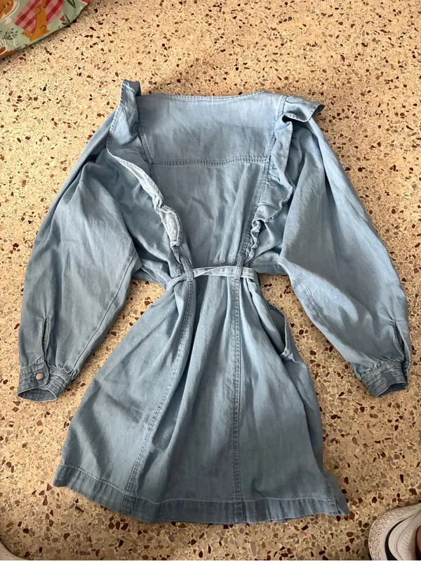 Free People Chambray Cotton Denim Mini Dress Belted Blue Front Zip SZ small - Image 9