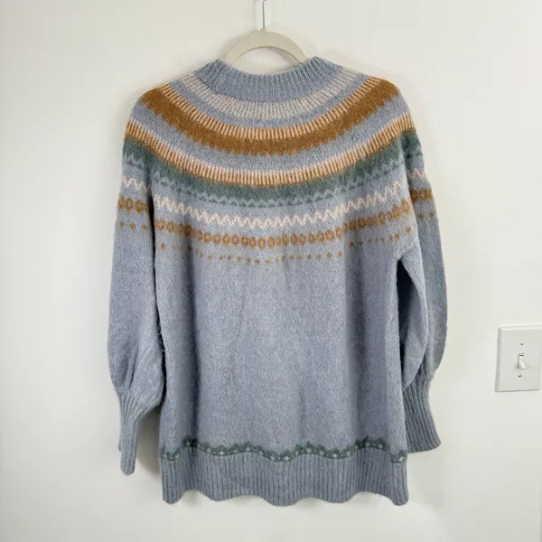 J Crew Fair Isle Yoke Puff Sleeve‎ Sweater Blue Alpaca Wool Womens Medium - Image 9