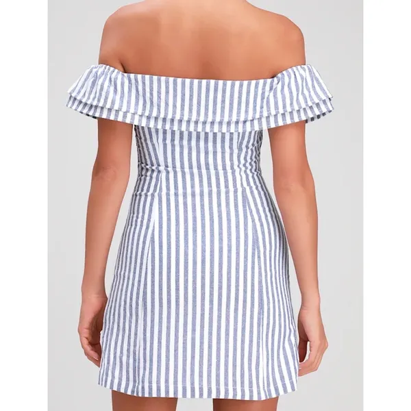 NWT Lulus Size Small‎ Seaside Skipper Blue Striped Off-The-Shoulder Mini Dress - Image 2