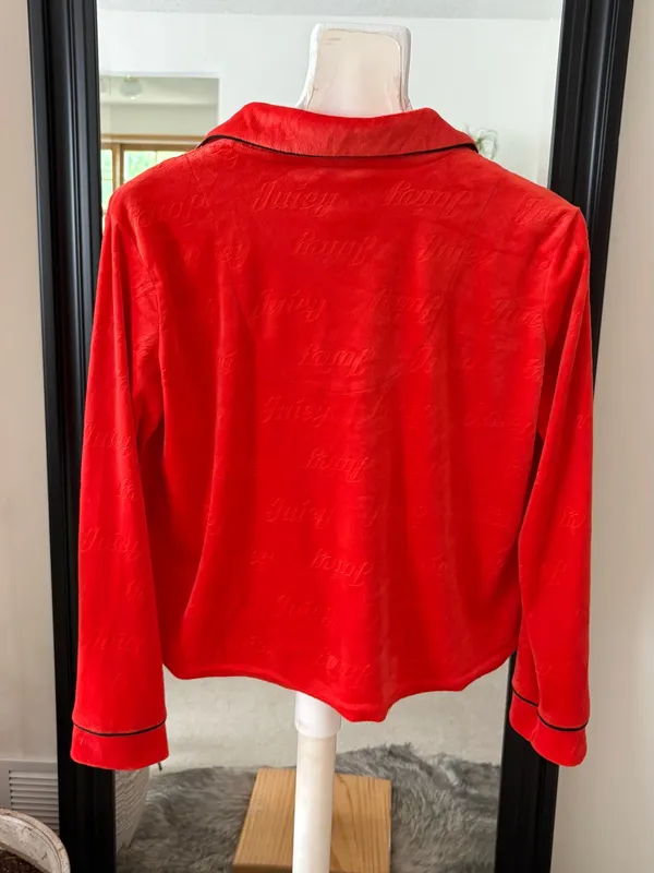 JUICY COUTURE Orange Velour Long Sleeve Button Down Pajama Shirt - Image 2