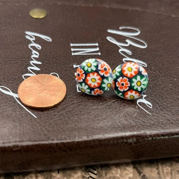 Vintage 60s Millefiori Glass Earrings Boho Stainless Steel - Image 3