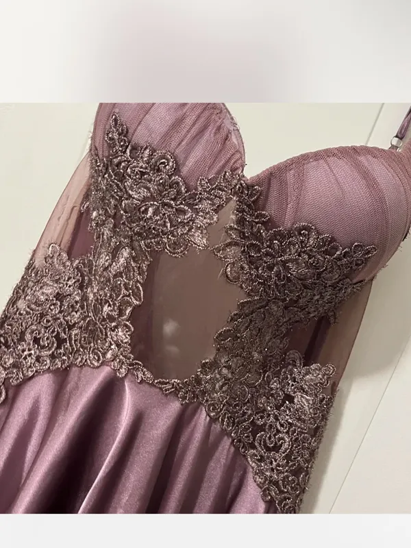 Lace Appliqué Satin Chemise in Mauve - Image 2