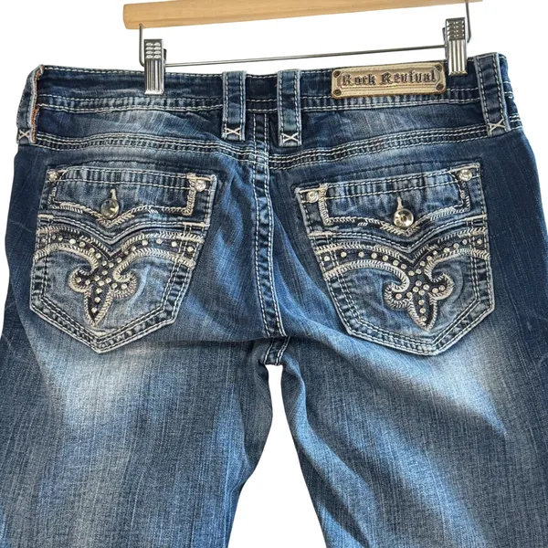 Rock Revival Beliss Bootcut Jeans Women 31 Embellished Flap Pockets Mid Wash Y2K - Image 11
