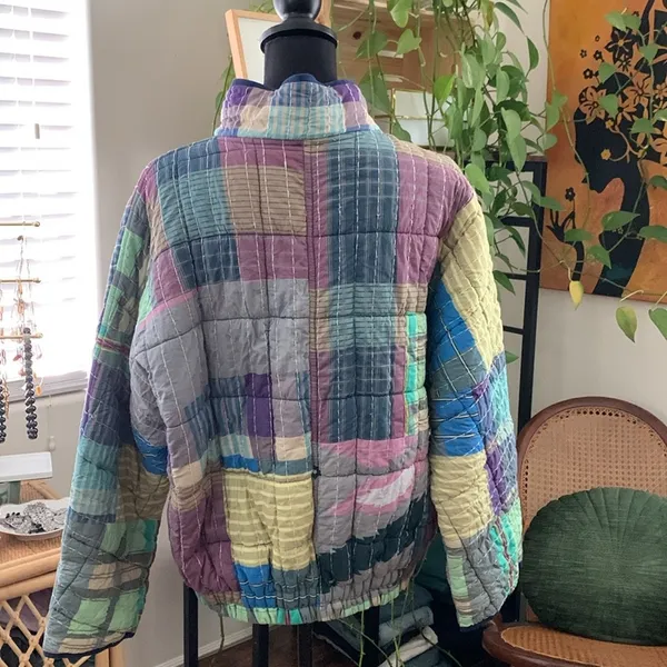 Free People Madras Plaid Kantha Quilted Dolman Preppy Hamptons Bomber Jacket - Image 3