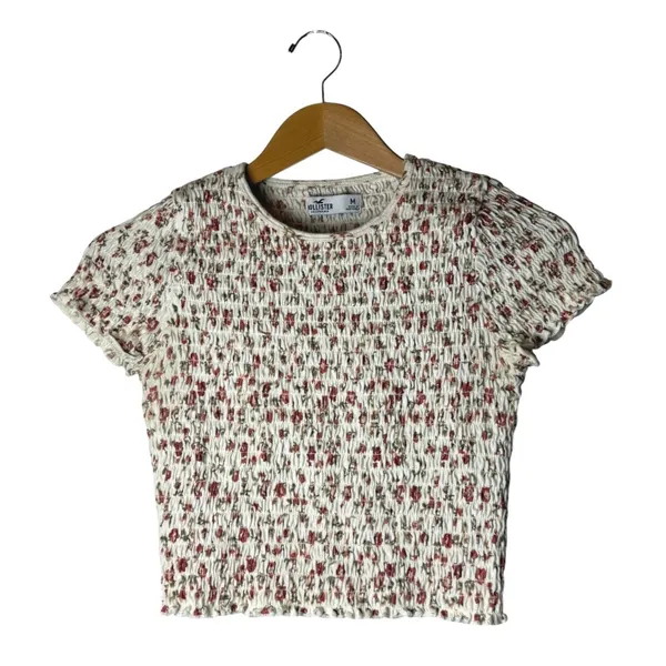 Hollister Smocked Top Women Medium Ivory Floral Short Sleeve Crop Tee Boho - Image 2