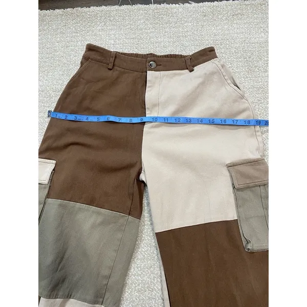 Hot & Delicious Patchwork Cargo Pants Brown Beige Olive Cotton Relaxed Women's M - Image 8