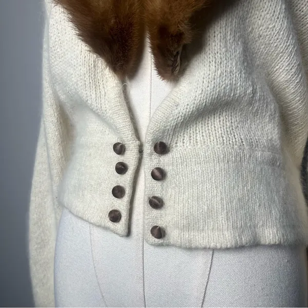 Vintage Linden O Fur Collar Silk Knit Cardigan Sweater Luxury Grandma Chic - Image 4