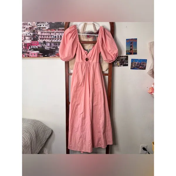 Abercrombie and Fitch O-Ring Backless Midi Puff Sleeve Dress Pink - Image 3