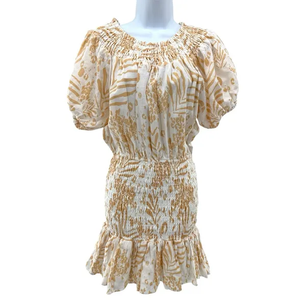 SABO LUXE Camari Linen Dress Smocked Patterned Ruffle Hem‎ White Beige Women's S - Image 5
