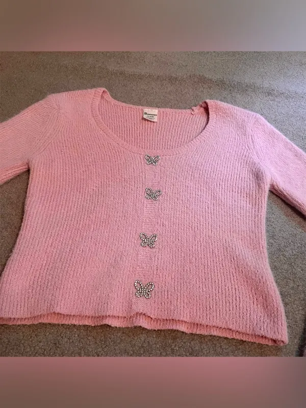 Pink Fuzzy Rhinestone Butterfly Button Long Sleeve Sweater - Image 5