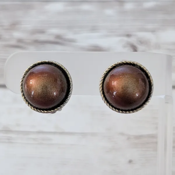Vintage Clip On Earrings Domed Metallic Brown with Gold Tone Halo - Image 2