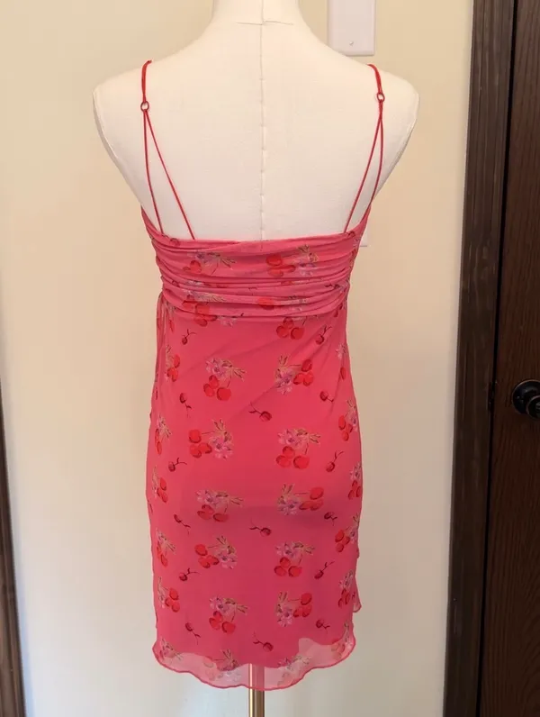 Urban Outfitters pink cherry pattern lace deep neckline slip dress - Image 5