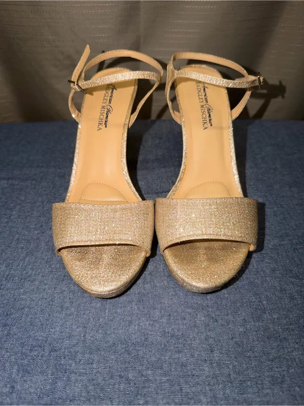 Badgley Mischka American Glamour Gold Glitter High Heel Sandals with Ankle Strap - Image 5