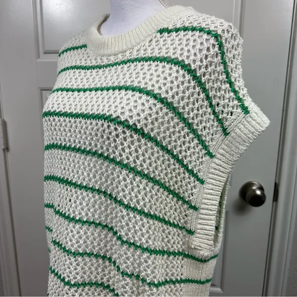Madewell Classic Ivory Green Striped Open Stitch Knit Sweater Tee Size L NWOT - Image 3