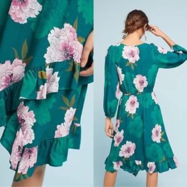 Anthropologie Spring wedding guest dress Plenty Floral Short Sleeve Flowy XS - Image 3