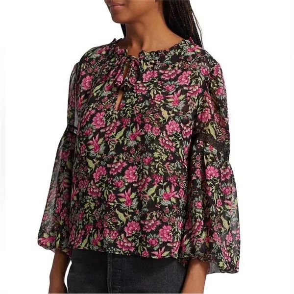 Misa Los Angeles Alicia Floral Coquette Prairie Blouse Vneck Ties Pink Black L - Image 3