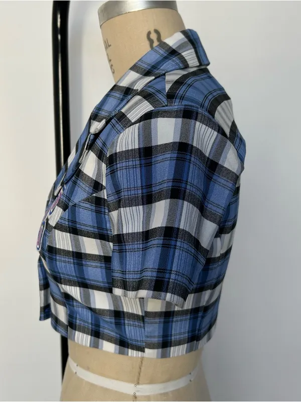 Blue Plaid Cropped Button - Image 4