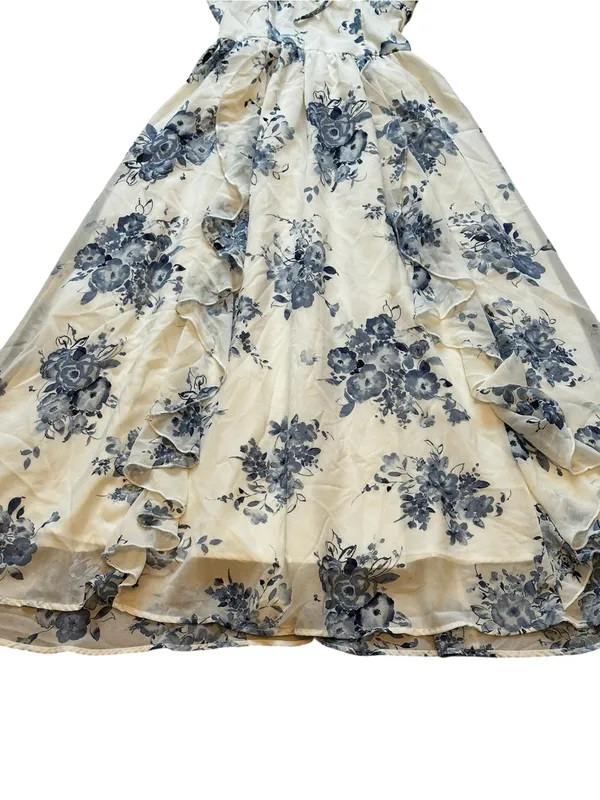 Womens Floral Midi Sundress Milkmaid Empire Waist Tie Front Ruffles Cottagecore - Image 4