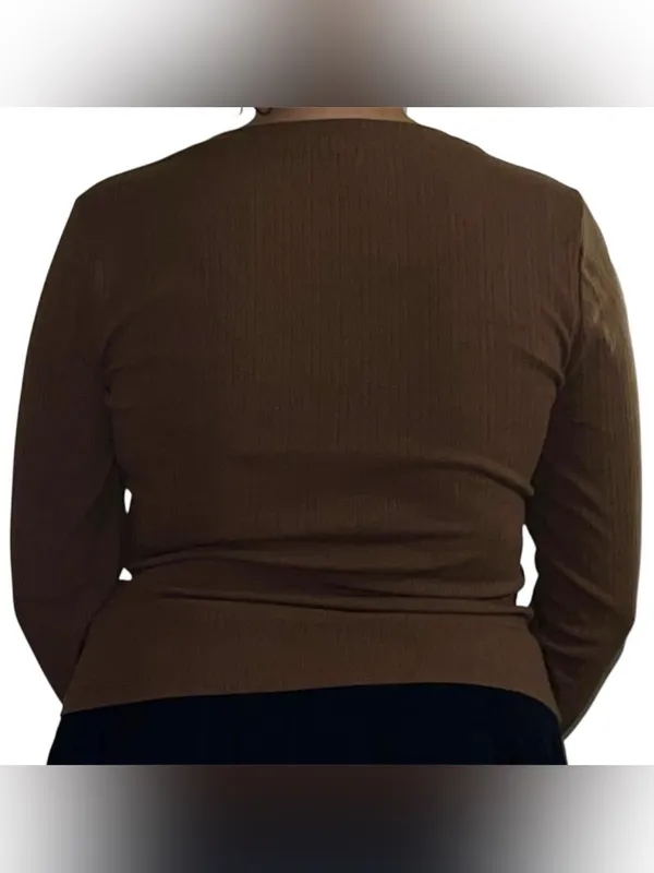 Brown Ribbed Long Sleeve Top Size M - Image 3