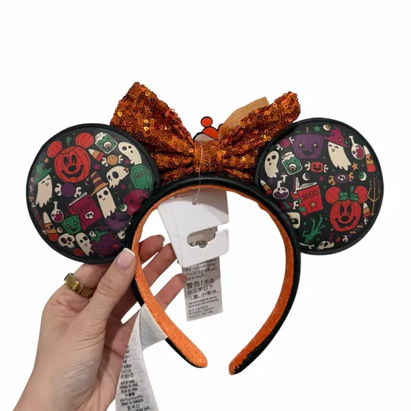 Disney Parks Halloween Ghost Sequin Bow Pumpkin Minnie Ears Headband - Image 3