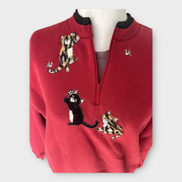 Vintage 90s Cat 3/4 zip Sweatshirt Women's Large L Red Grandmacore Top Stitch - Image 2