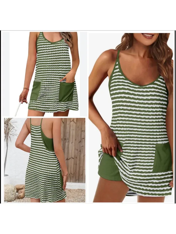 Green & White Striped Mini Dress with Pockets XL Built-in Shorts - Image 2