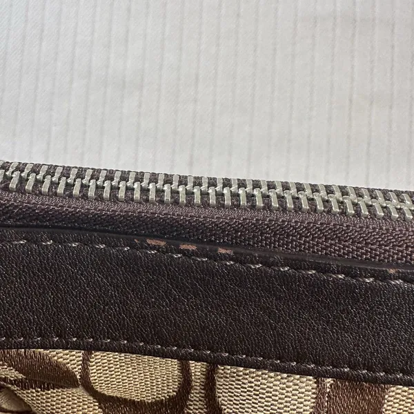 Coach Signature Canvas Crossbody Purse Brown Tan Leather Trim Bag Missing Chain - Image 15