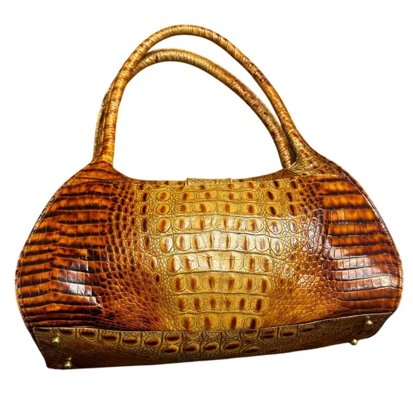 1990s Vintage Brahmin Warm Brown Croc Embossed Leather Shoulder Bag Gold Buckle - Image 2