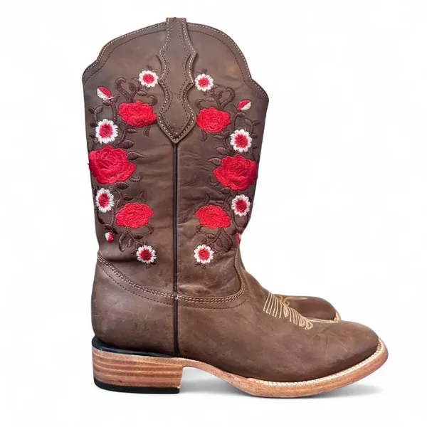 White Diamond Women’s Western Boots 7.5 Brown Leather Embroidered Square Toe - Image 2