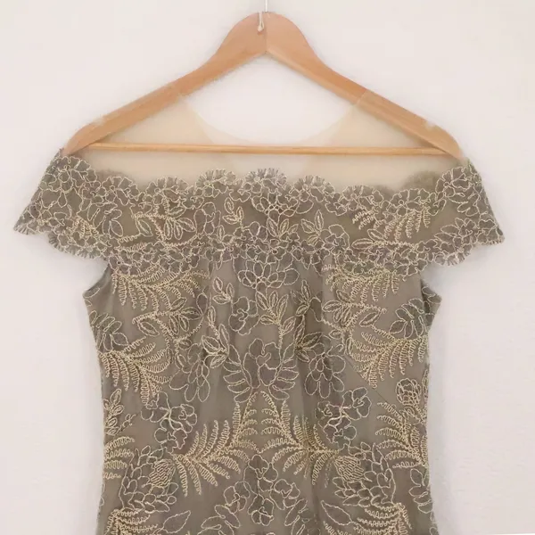 Tadashi Shoji Lace Illusion Cocktail Dress Size‎ 6 Taupe Gold Wedding Guest Lux - Image 2