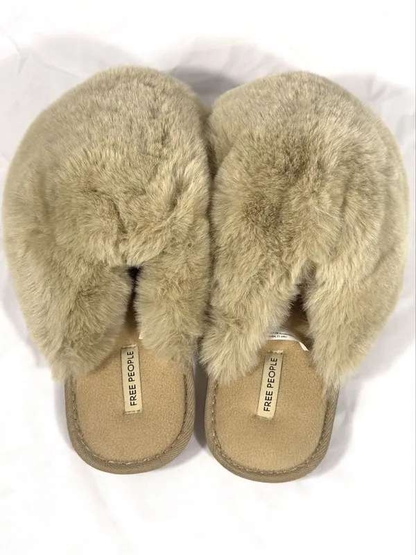 Free People Womens Size 8 Faux Fur Crossover Slippers Beige Cozy Boho Slides - Image 6